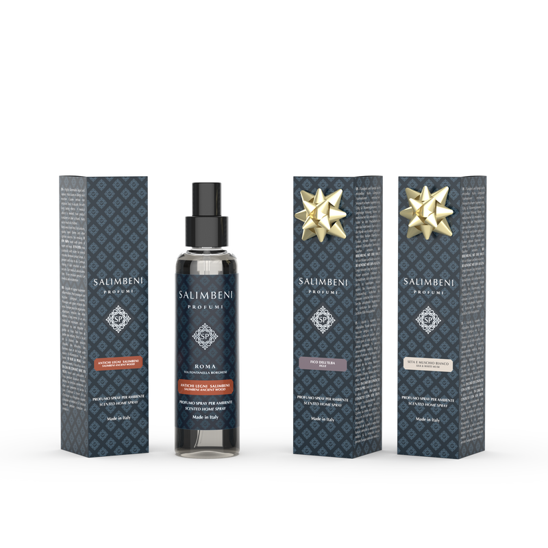 Ambientador en Spray 150 ml Bosques Antiguos Salimbeni + Ambientador en Spray 150 ml Higo de Elba de PRUEBA GRATUITA + Ambientador en Spray 150 ml Seda y Musgo Blanco de PRUEBA GRATUITA