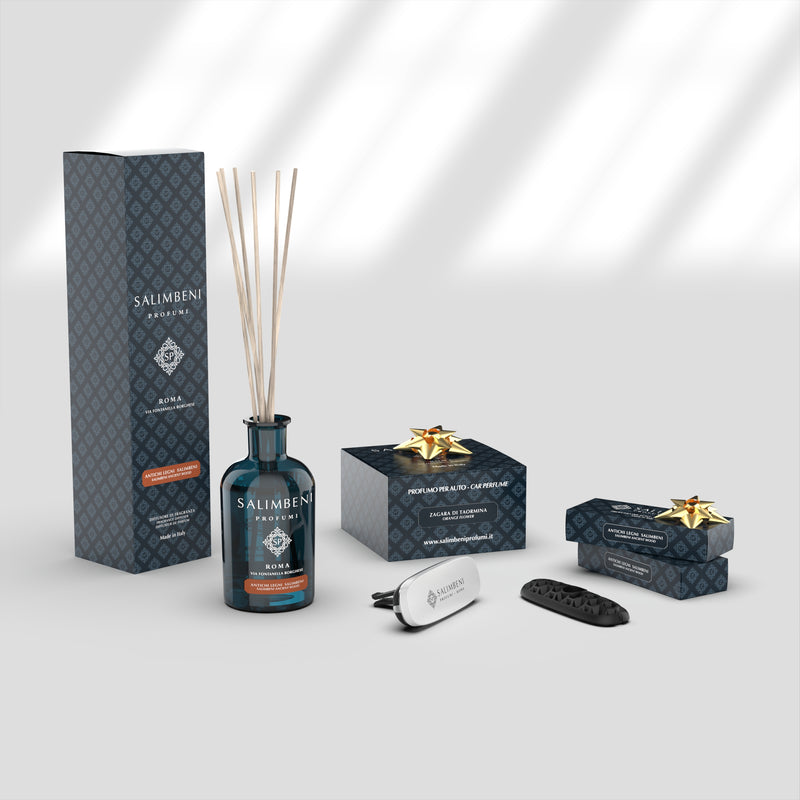 Bosques Antiguos Salimbeni 100 ml + Difusor de Coche Blanco Azahar de Taormina + 2 Recargas de coche Bosques Antiguos Salimbeni