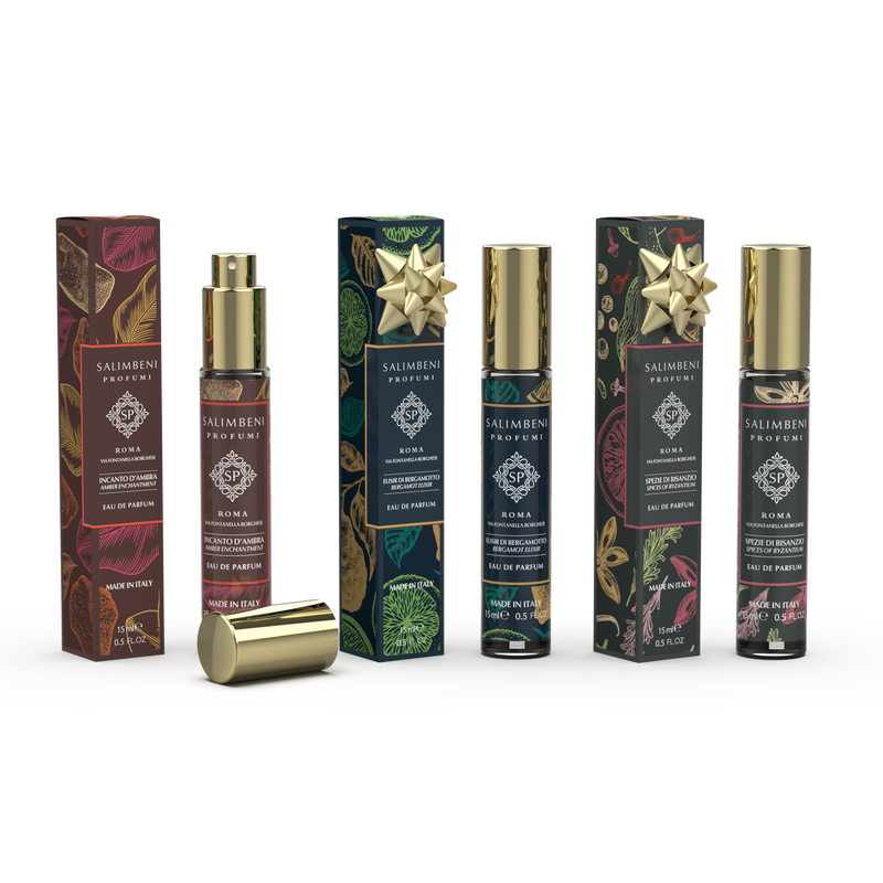 Set de Viaje: Tres Eau de Parfum 15 ml (Encanto de Ámbar + Elixir de Bergamota de PRUEBA GRATUITA + Especias de Bizancio de PRUEBA GRATUITA)