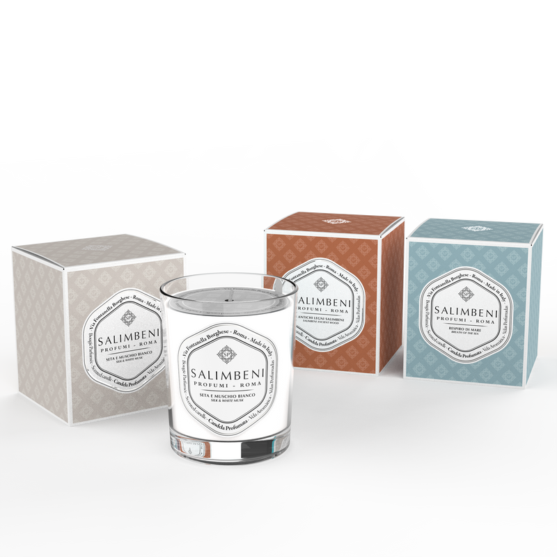 3 Velas Aromáticas 190 gr (Seda y Musgo Blanco + Bosques Antiguos Salimbeni + Brisa de Mar)